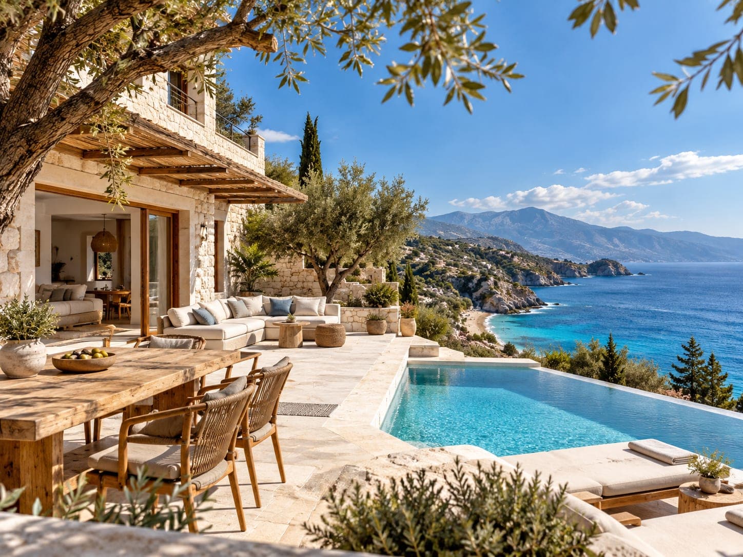 Stone villa with an olive tree and a pool above the Adriatic coast