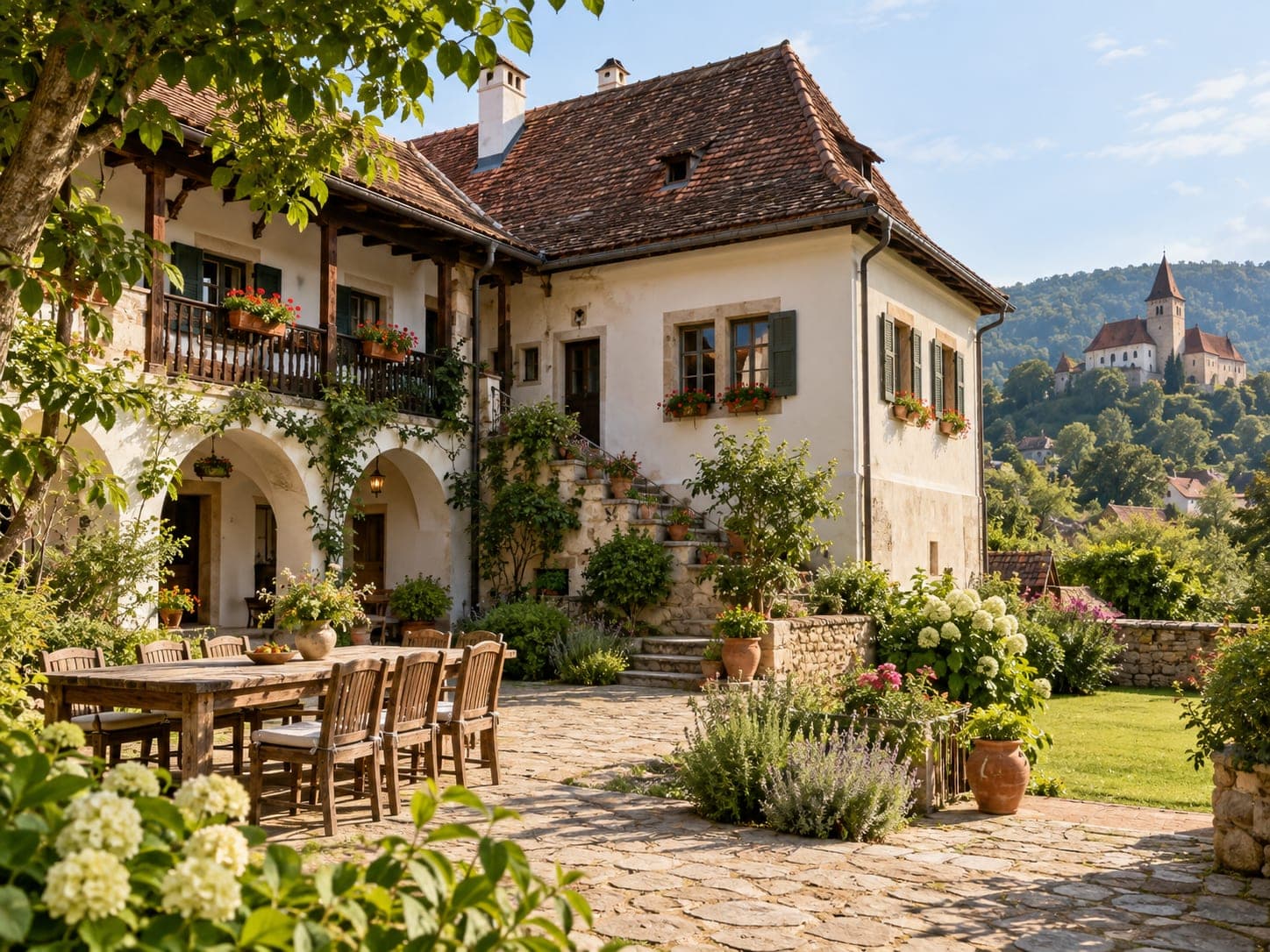 Countryside house with a garden courtyard, a hilltop church behind