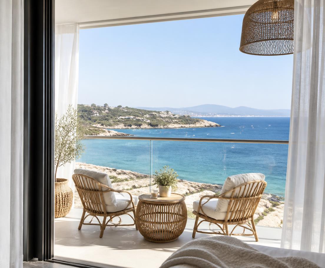 Балкон на модерен апартман за одмор со плетен мебел и поглед на морето